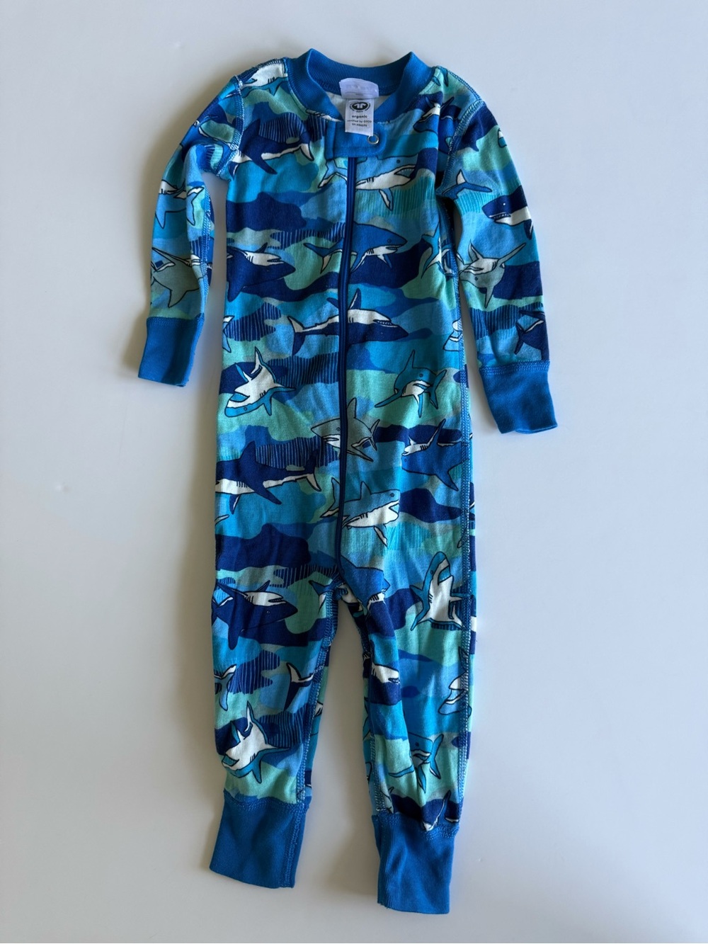 Hanna Andersson Blue & Aqua Shark-Print Kids One-Piece Pajamas EUC